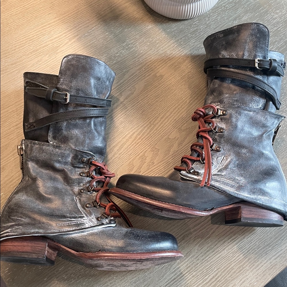 Freebird by Steven Distressed Black Leather Combat Boots with Brown Accents